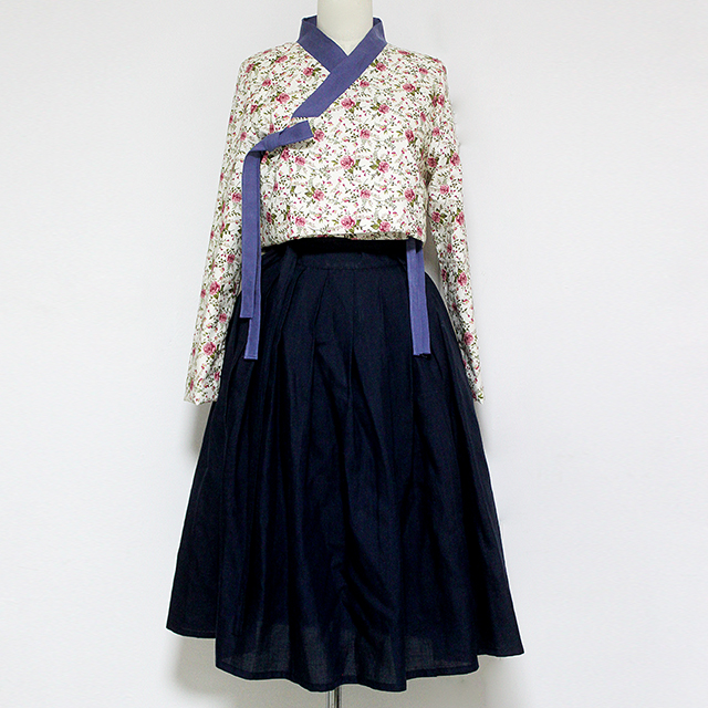생활한복 저고리+허리치마 세트 (장미+진곤) : 보드란
