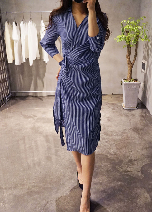 New Long Stripe Lap Shirt Dress Ethnic Uncle Fukar