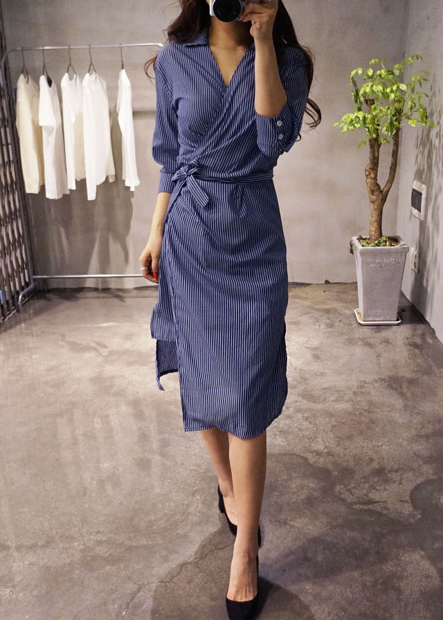 New Long Stripe Lap Shirt Dress Ethnic Uncle Fukar