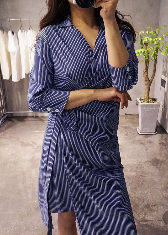 New Long Stripe Lap Shirt Dress Ethnic Uncle Fukar