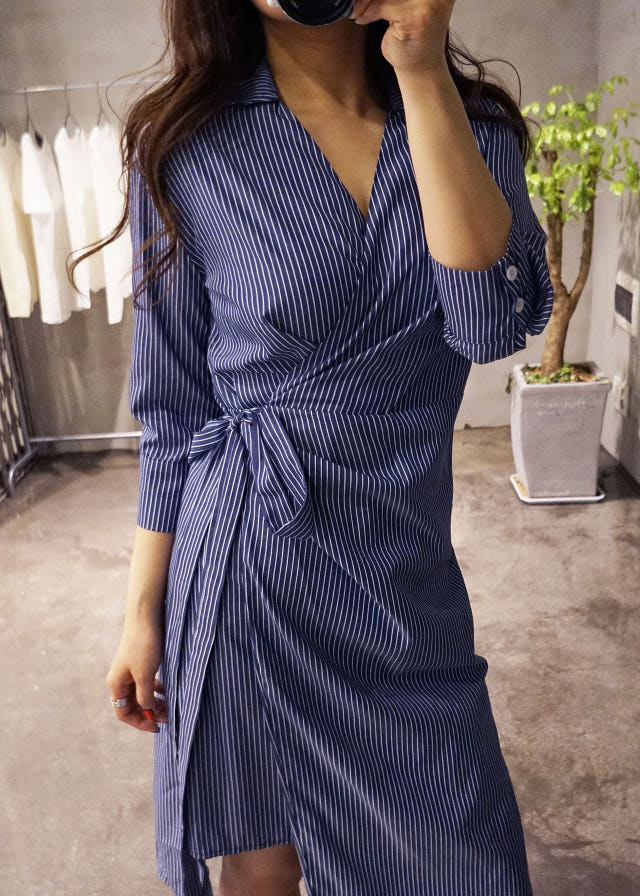 New Long Stripe Lap Shirt Dress Ethnic Uncle Fukar