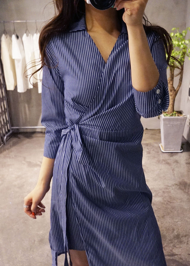 New Long Stripe Lap Shirt Dress Ethnic Uncle Fukar