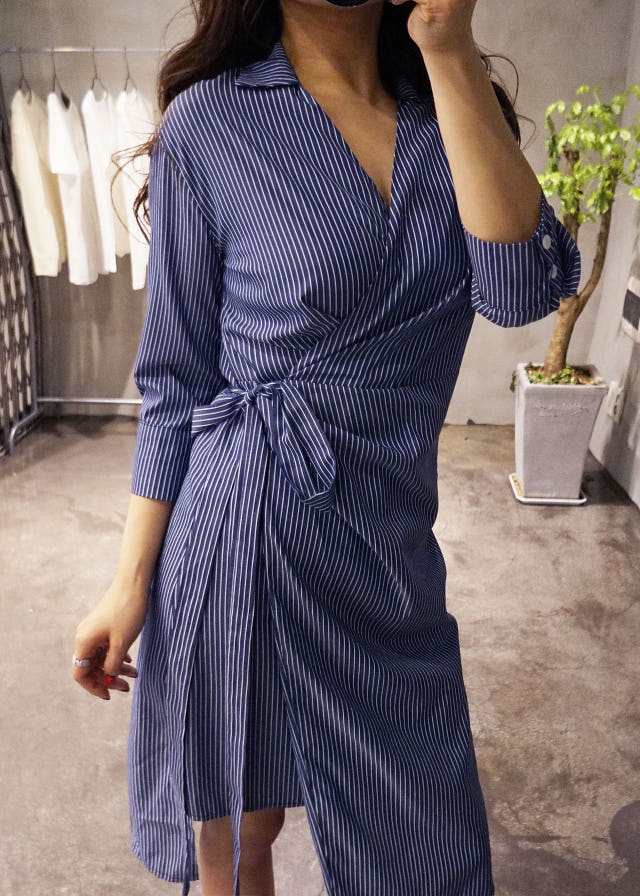 New Long Stripe Lap Shirt Dress Ethnic Uncle Fukar