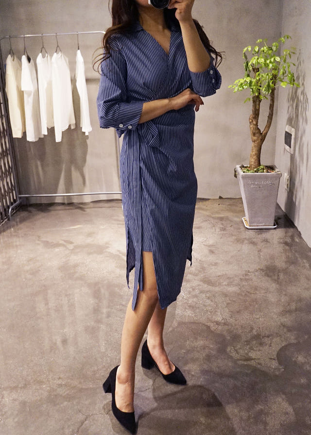 New Long Stripe Lap Shirt Dress Ethnic Uncle Fukar