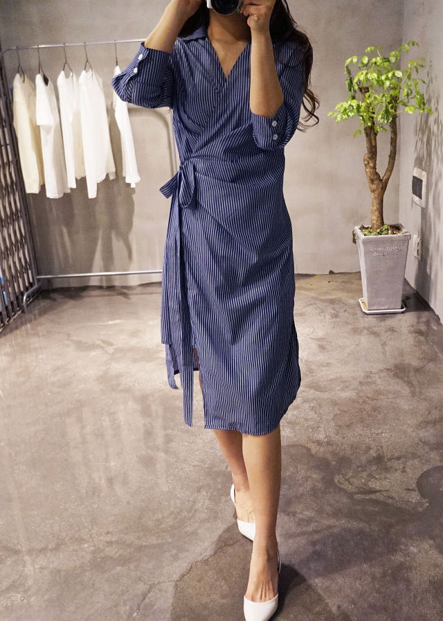 New Long Stripe Lap Shirt Dress Ethnic Uncle Fukar