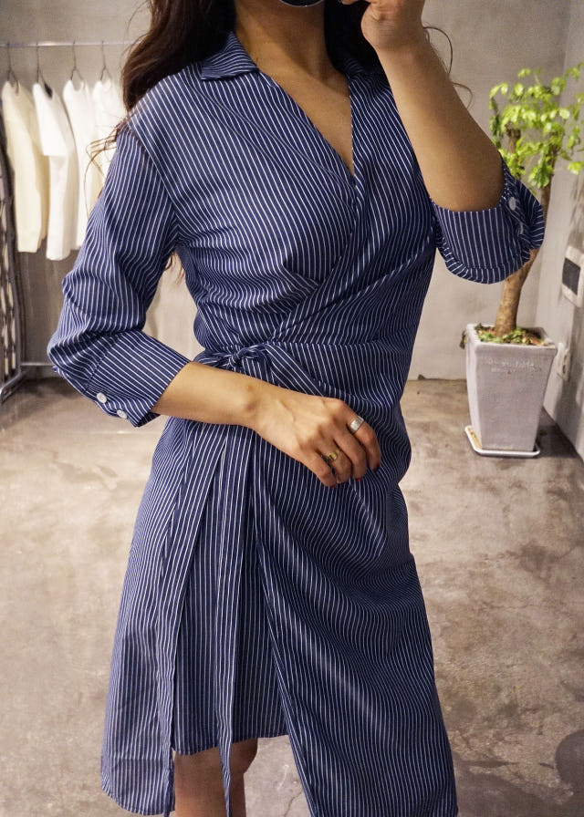 New Long Stripe Lap Shirt Dress Ethnic Uncle Fukar