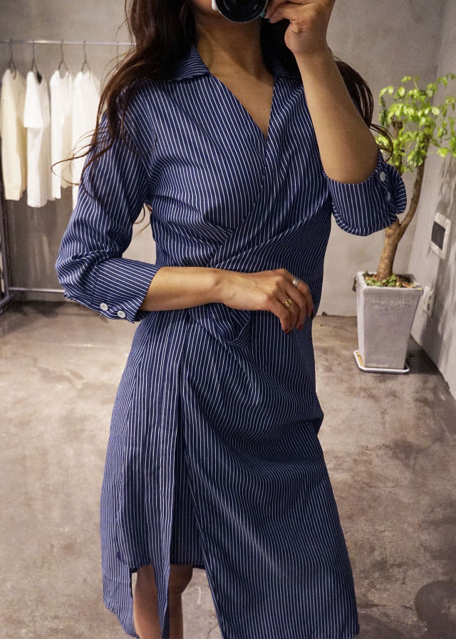 New Long Stripe Lap Shirt Dress Ethnic Uncle Fukar