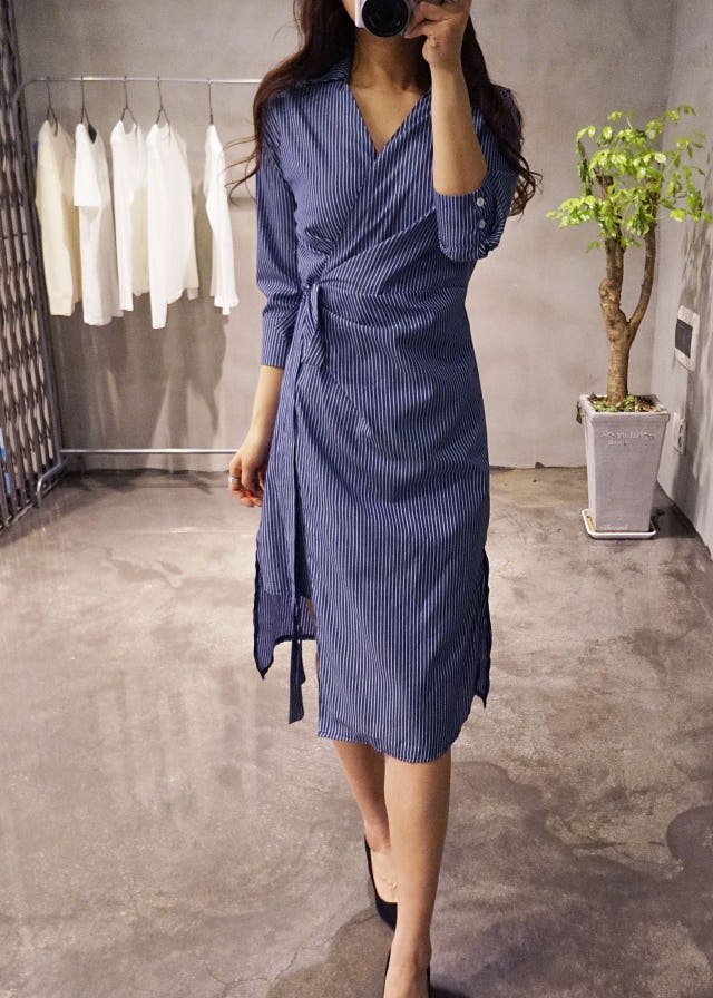 New Long Stripe Lap Shirt Dress Ethnic Uncle Fukar