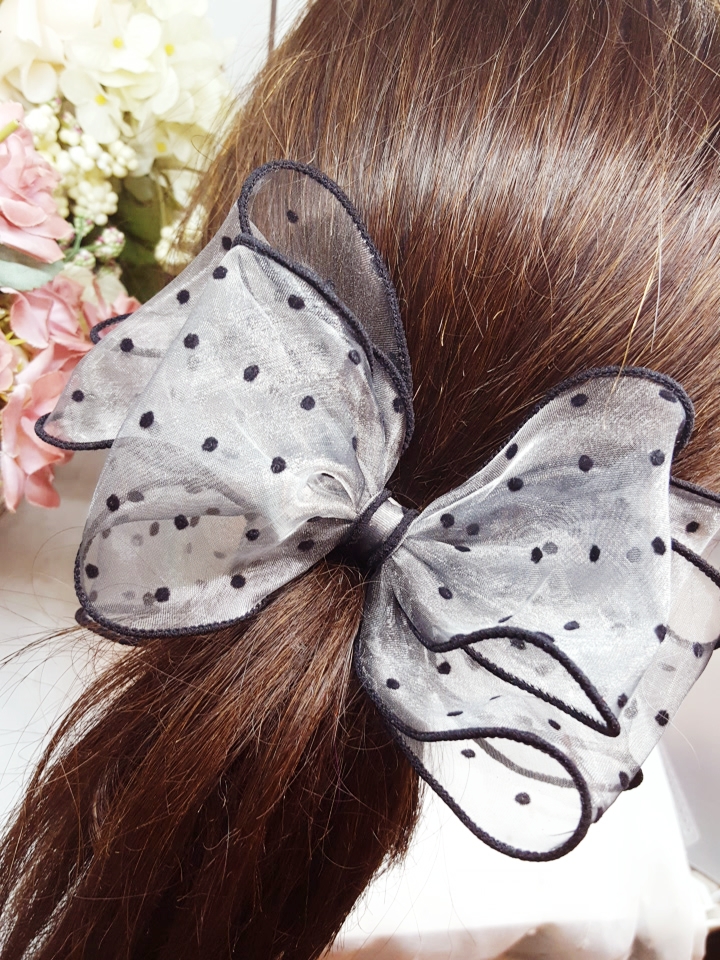 NEW HAIR CLIP HOOP White Ribbon Pin Dotted Ribbon 