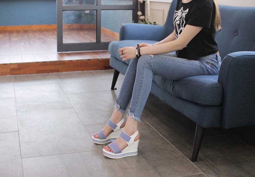 New R_S000735 Stripe banding wedge sandals with li