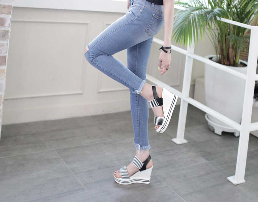New R_S000735 Stripe banding wedge sandals with li