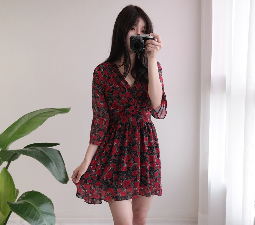Red Flower Pattern Autumn Chiffon Wrap One Piece M