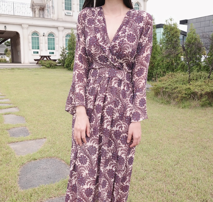 Autumn Flower Pattern Chiffon Wrap One Piece Visit