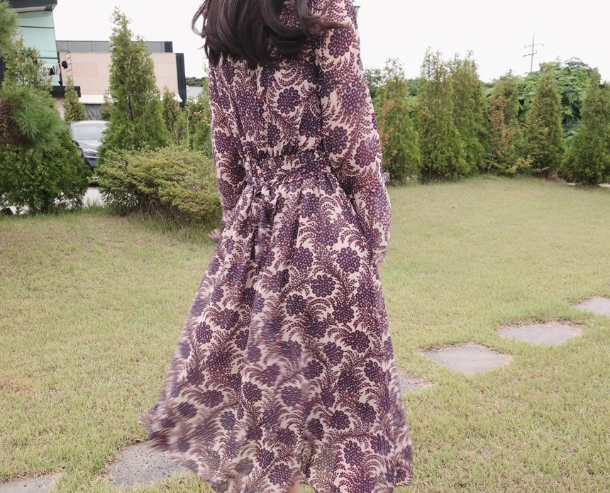 Autumn Flower Pattern Chiffon Wrap One Piece Visit