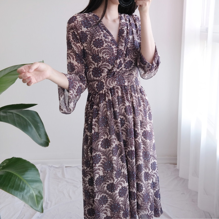 Autumn Flower Pattern Chiffon Wrap One Piece Visit