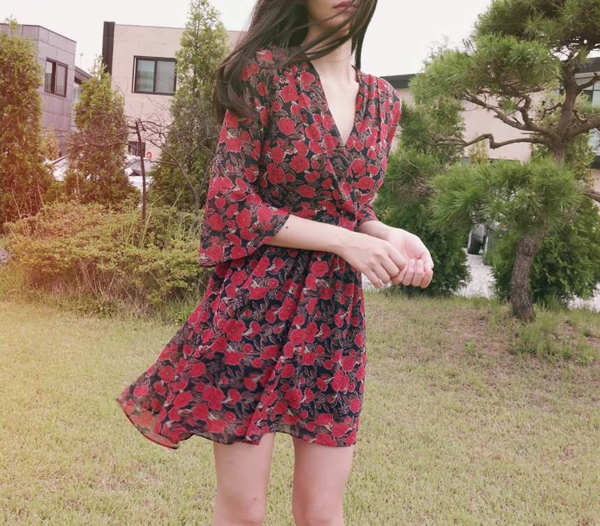 Red Flower Pattern Autumn Chiffon Wrap One Piece M