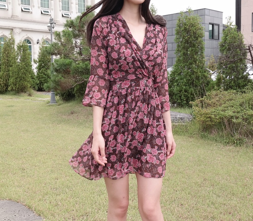 Red Flower Pattern Autumn Chiffon Wrap One Piece M