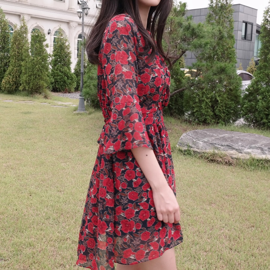 Red Flower Pattern Autumn Chiffon Wrap One Piece M