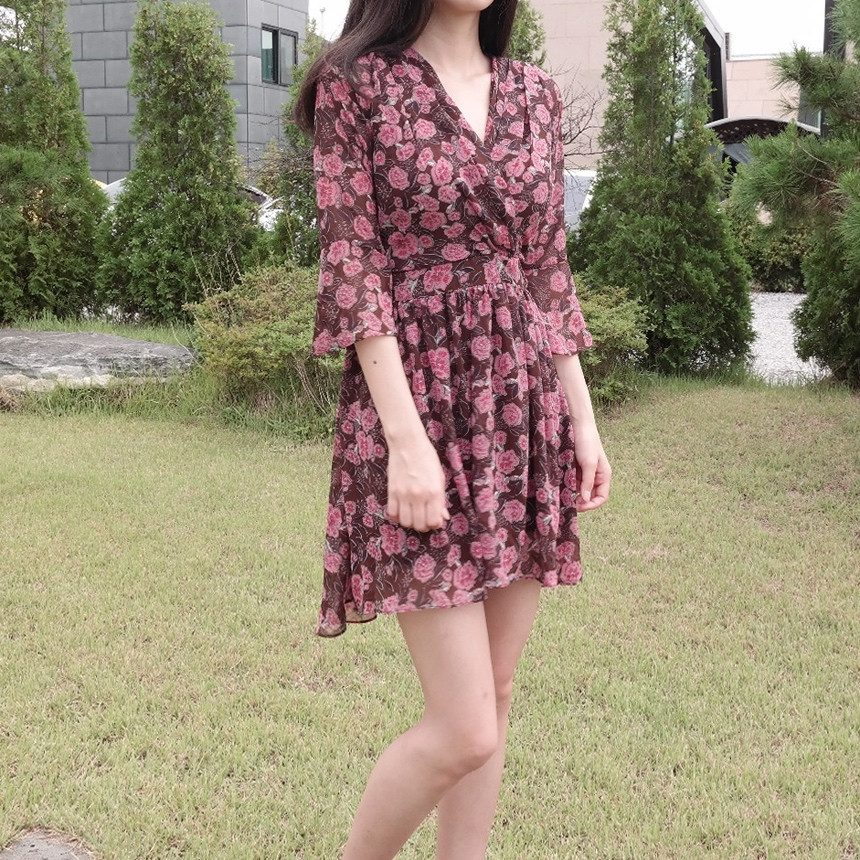 Red Flower Pattern Autumn Chiffon Wrap One Piece M