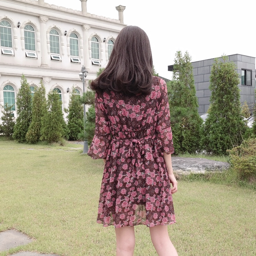 Red Flower Pattern Autumn Chiffon Wrap One Piece M