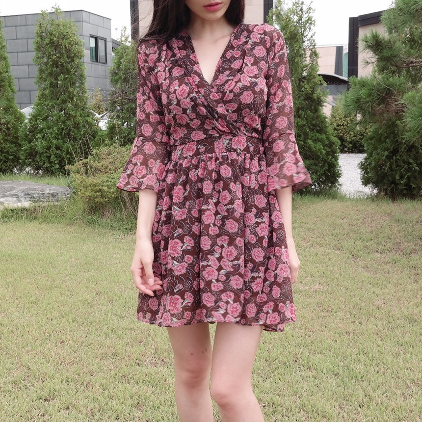 Red Flower Pattern Autumn Chiffon Wrap One Piece M