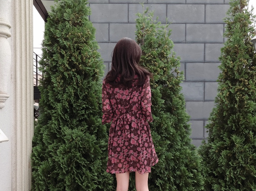 Red Flower Pattern Autumn Chiffon Wrap One Piece M