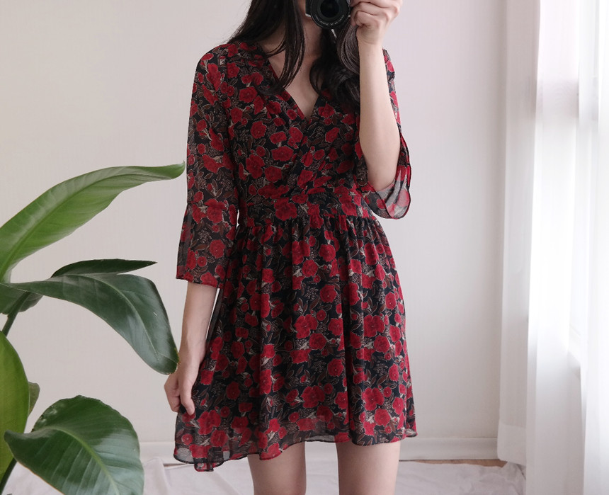 Red Flower Pattern Autumn Chiffon Wrap One Piece M