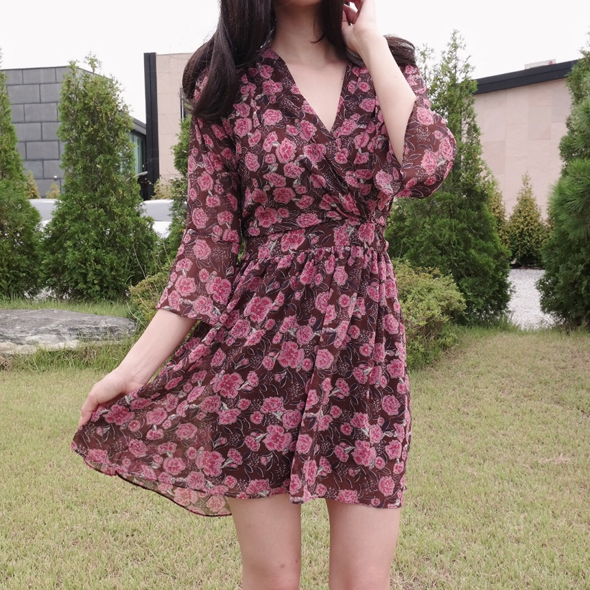 Red Flower Pattern Autumn Chiffon Wrap One Piece M