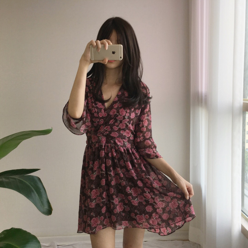 Red Flower Pattern Autumn Chiffon Wrap One Piece M
