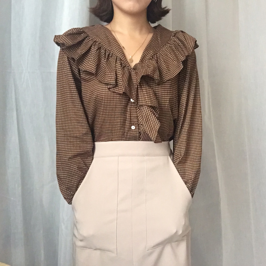 Women Blouses Waffle Lace Check Fall V Neck Blouse