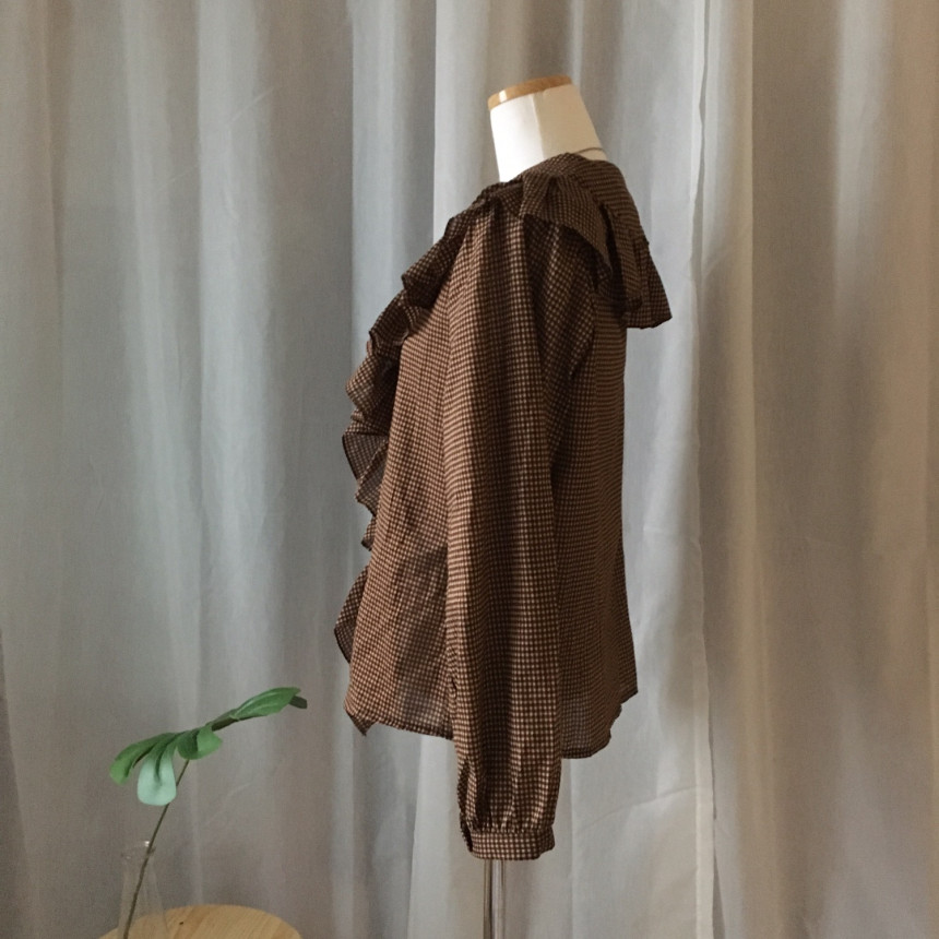 Women Blouses Waffle Lace Check Fall V Neck Blouse