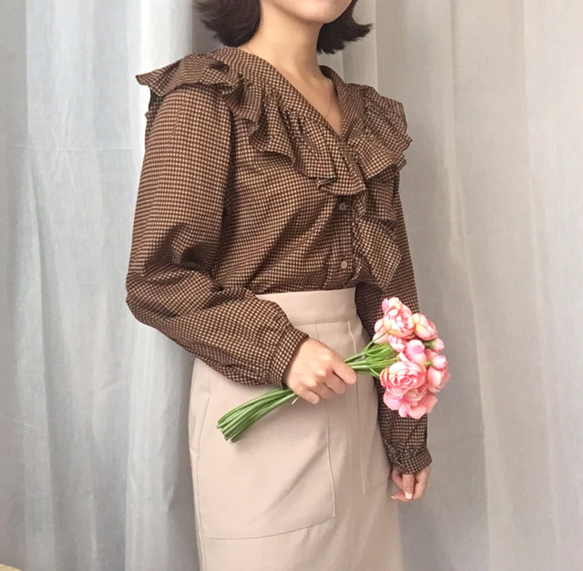 Women Blouses Waffle Lace Check Fall V Neck Blouse