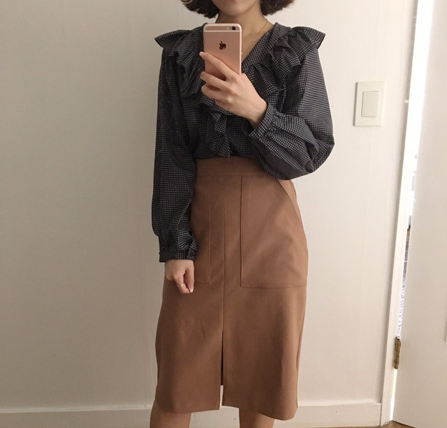 Women Blouses Waffle Lace Check Fall V Neck Blouse