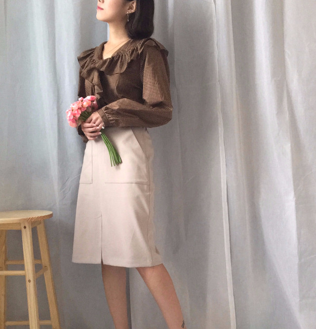 Women Blouses Waffle Lace Check Fall V Neck Blouse