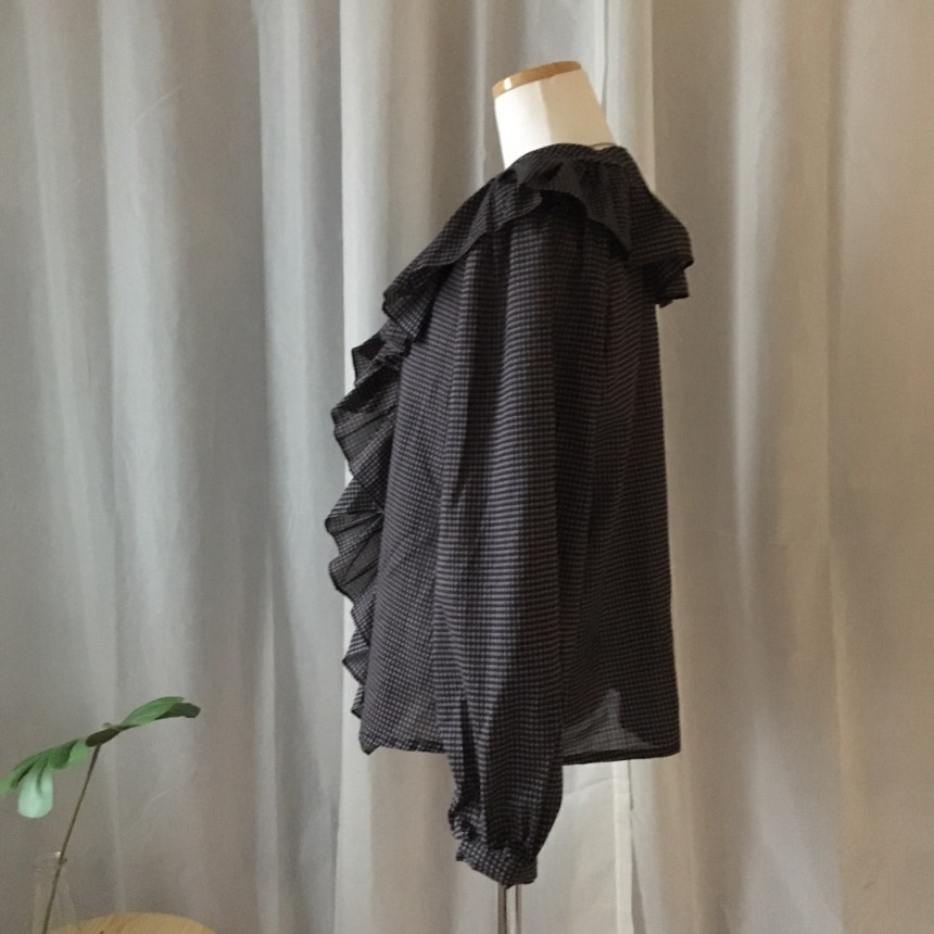 Women Blouses Waffle Lace Check Fall V Neck Blouse