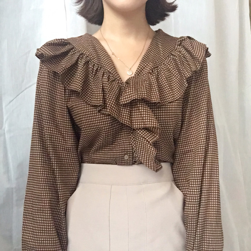 Women Blouses Waffle Lace Check Fall V Neck Blouse