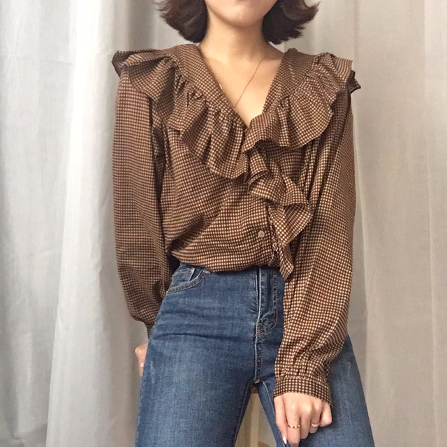 Women Blouses Waffle Lace Check Fall V Neck Blouse