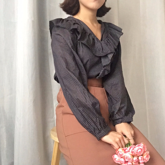 Women Blouses Waffle Lace Check Fall V Neck Blouse