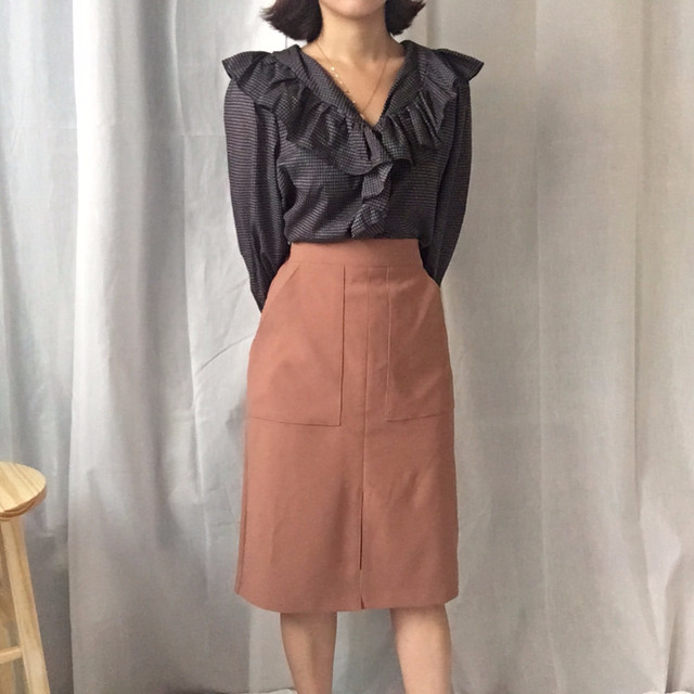 Women Blouses Waffle Lace Check Fall V Neck Blouse