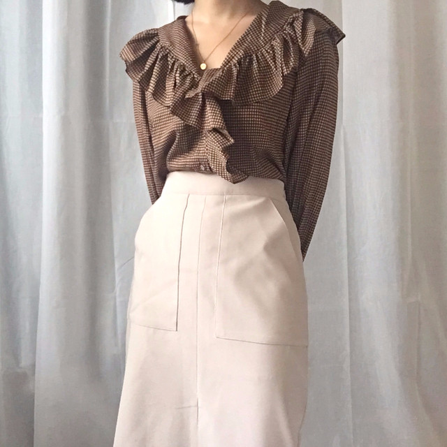 Women Blouses Waffle Lace Check Fall V Neck Blouse