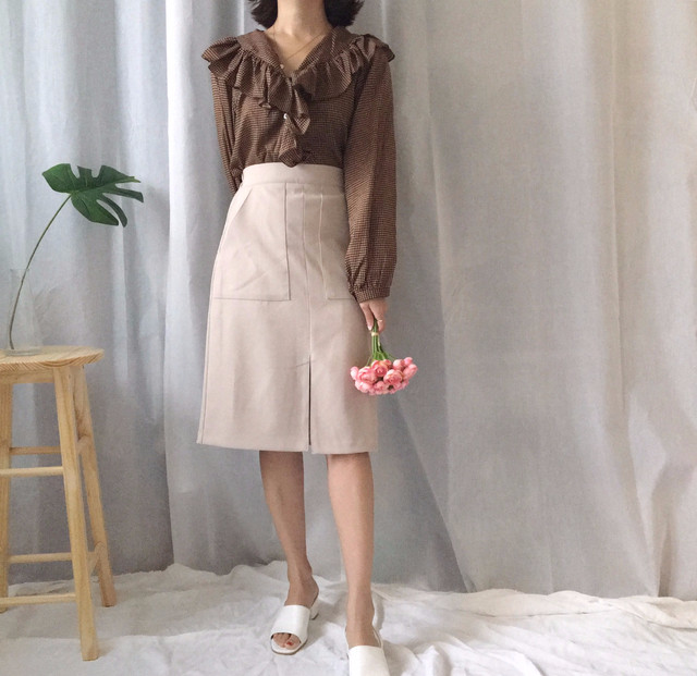 Women Blouses Waffle Lace Check Fall V Neck Blouse