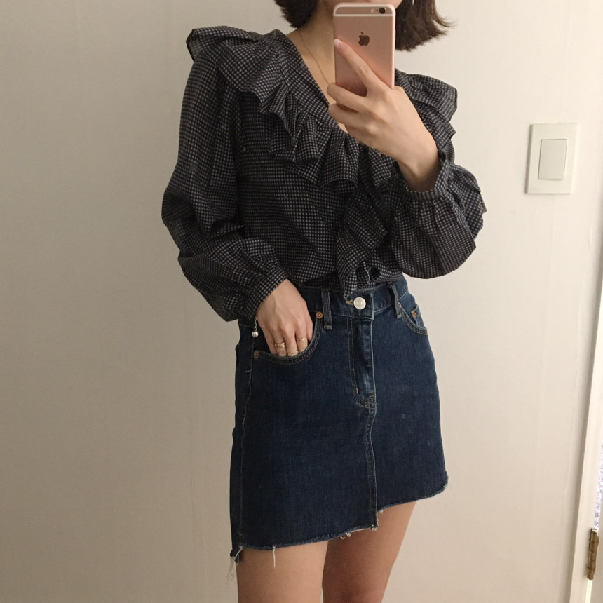 Women Blouses Waffle Lace Check Fall V Neck Blouse