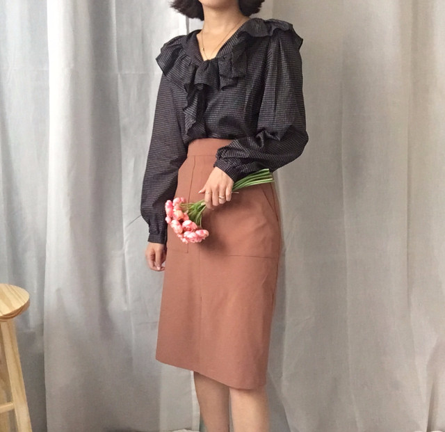 Women Blouses Waffle Lace Check Fall V Neck Blouse