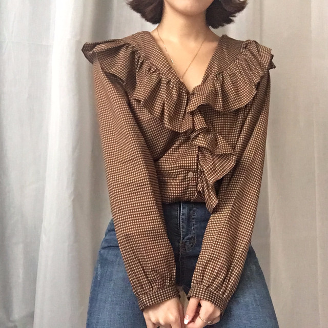 Women Blouses Waffle Lace Check Fall V Neck Blouse