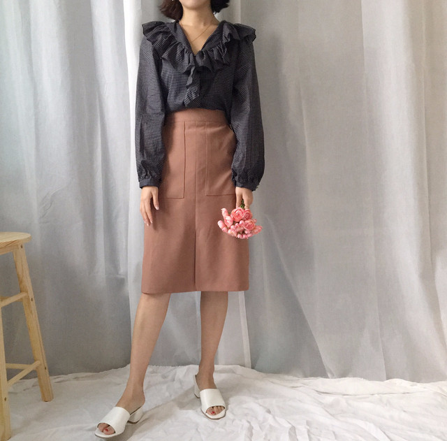 Women Blouses Waffle Lace Check Fall V Neck Blouse