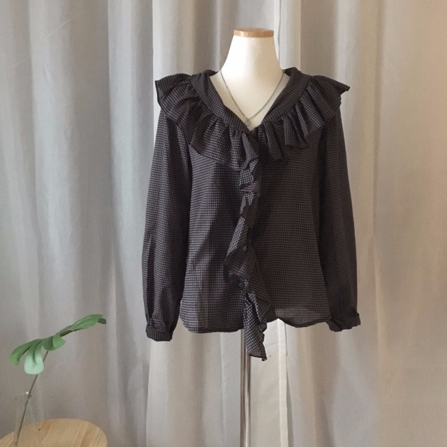 Women Blouses Waffle Lace Check Fall V Neck Blouse