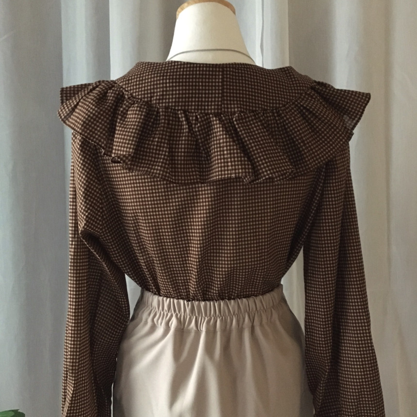 Women Blouses Waffle Lace Check Fall V Neck Blouse