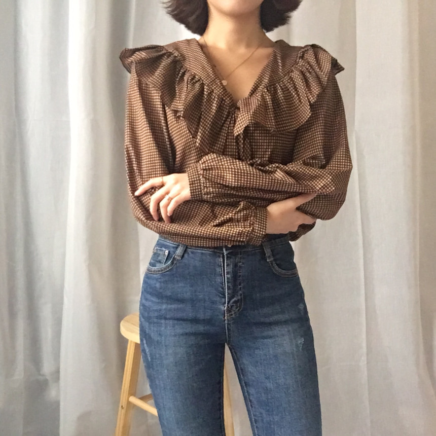 Women Blouses Waffle Lace Check Fall V Neck Blouse