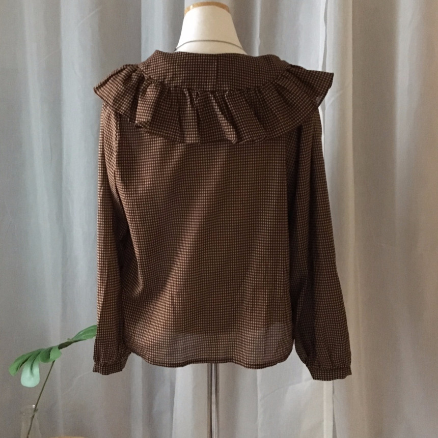 Women Blouses Waffle Lace Check Fall V Neck Blouse