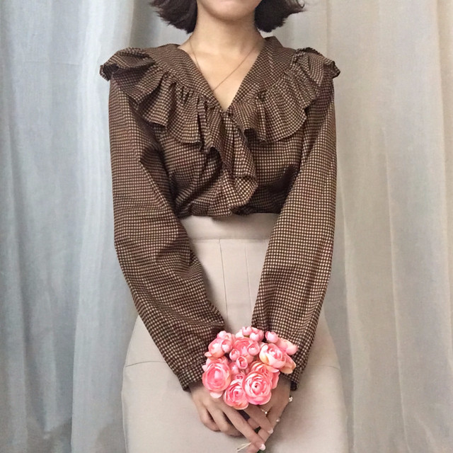 Women Blouses Waffle Lace Check Fall V Neck Blouse